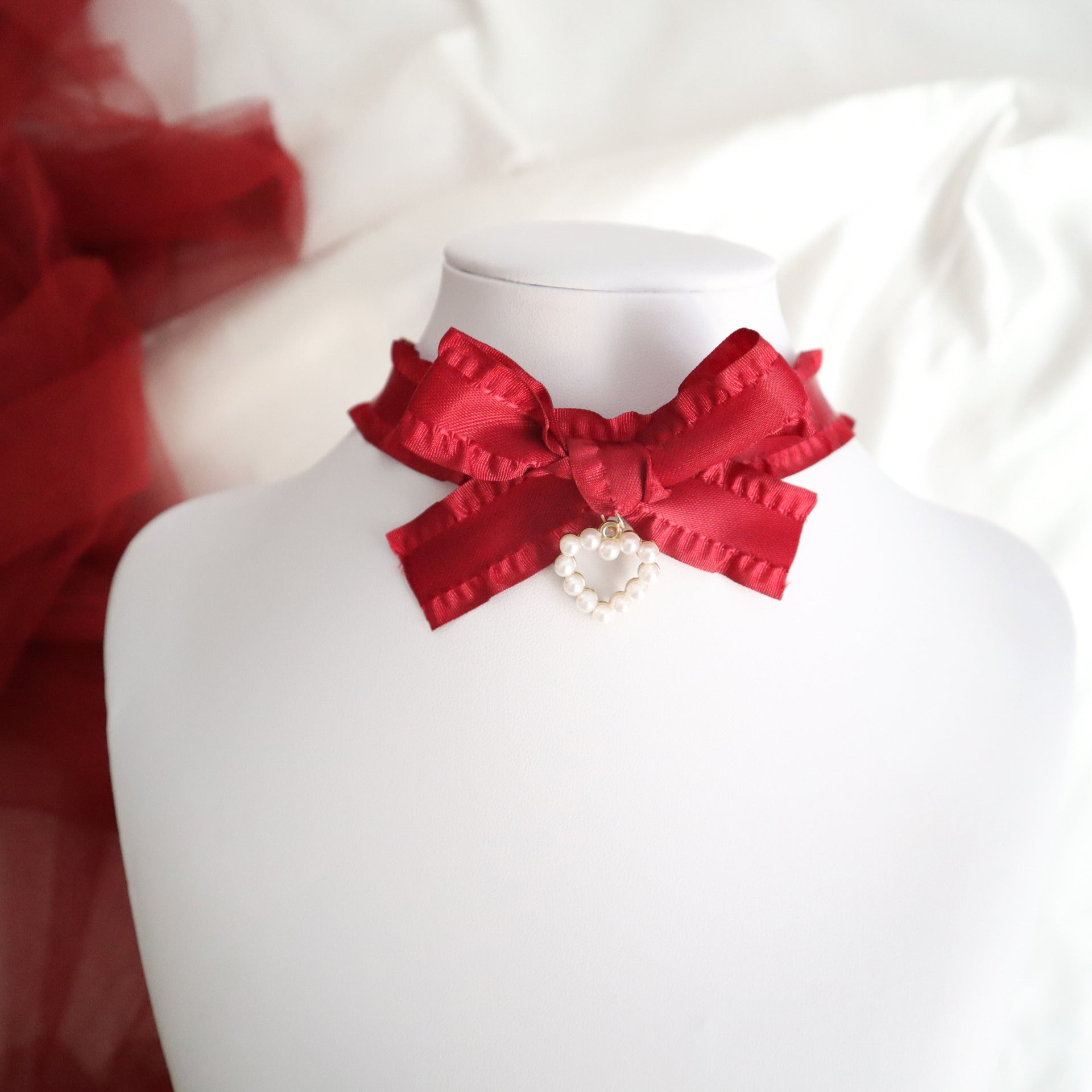 New Christmas Necklace With Burgundy Ribbon And Heart Design