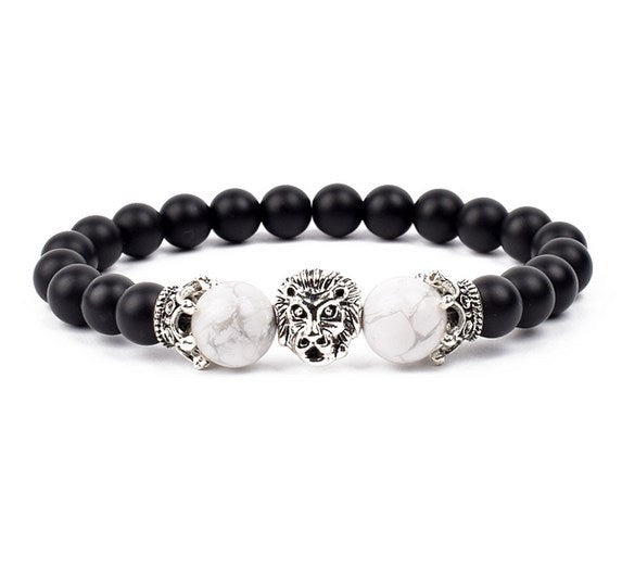 Antique Silver Lion-Head Agate Buddha Bead Bracelet