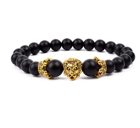 Antique Silver Lion-Head Agate Buddha Bead Bracelet