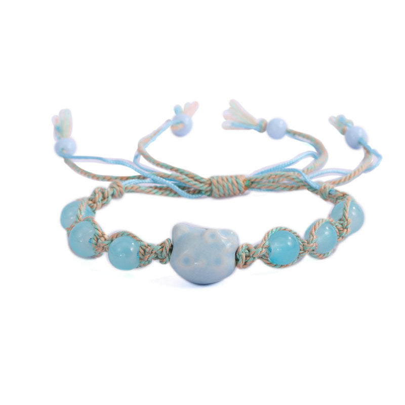Ceramic Blue Cat Butterfly Colorful Woven Rope Bracelet