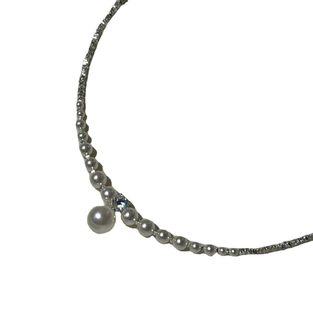 Sparkling Diamond Broken Silver Pearl Necklace For Women