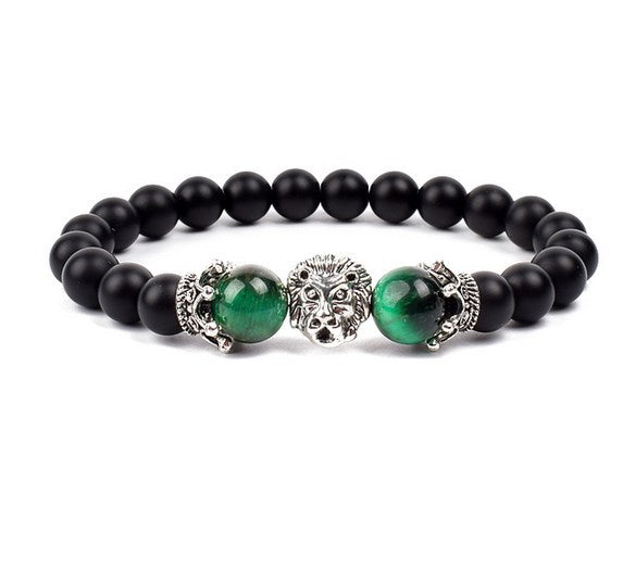 Antique Silver Lion-Head Agate Buddha Bead Bracelet