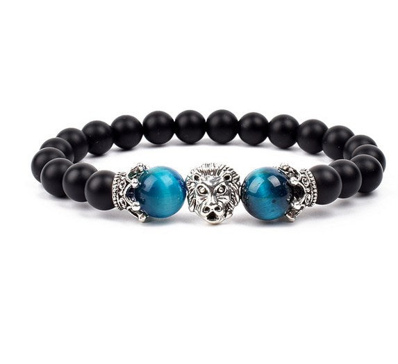 Antique Silver Lion-Head Agate Buddha Bead Bracelet