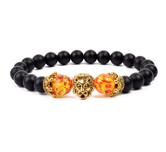 Antique Silver Lion-Head Agate Buddha Bead Bracelet