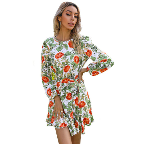 Autumn And Winter Lacing Printed Long Sleeve Dress