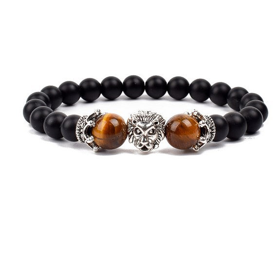 Antique Silver Lion-Head Agate Buddha Bead Bracelet