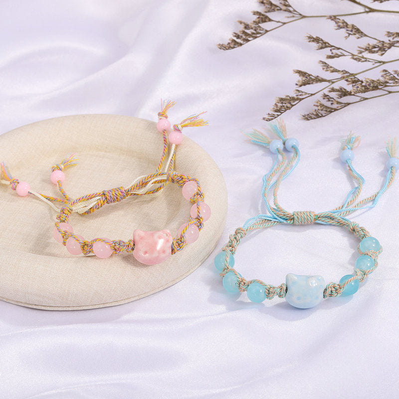 Ceramic Blue Cat Butterfly Colorful Woven Rope Bracelet