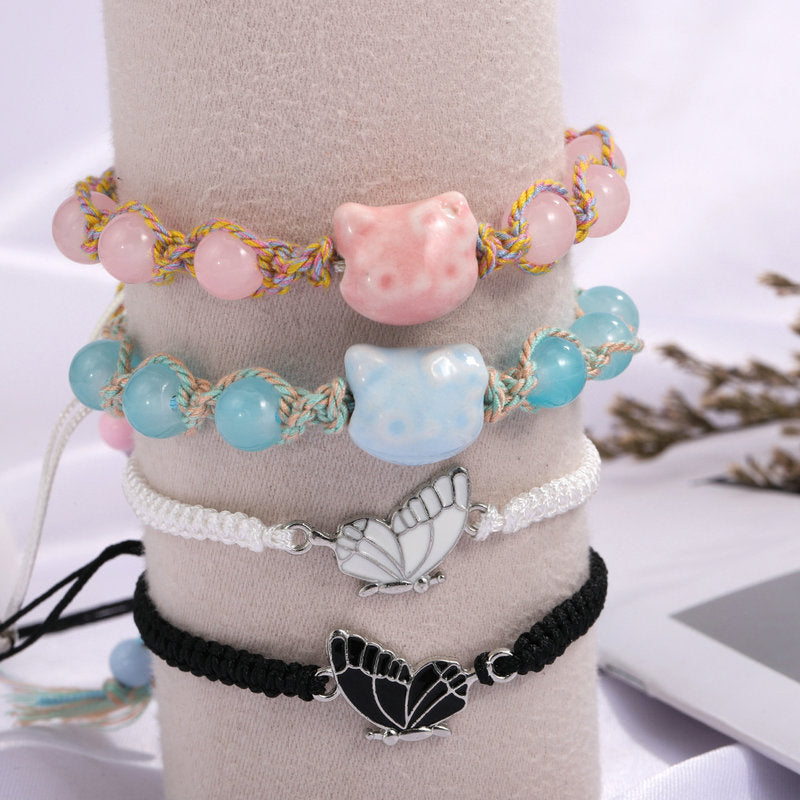 Ceramic Blue Cat Butterfly Colorful Woven Rope Bracelet