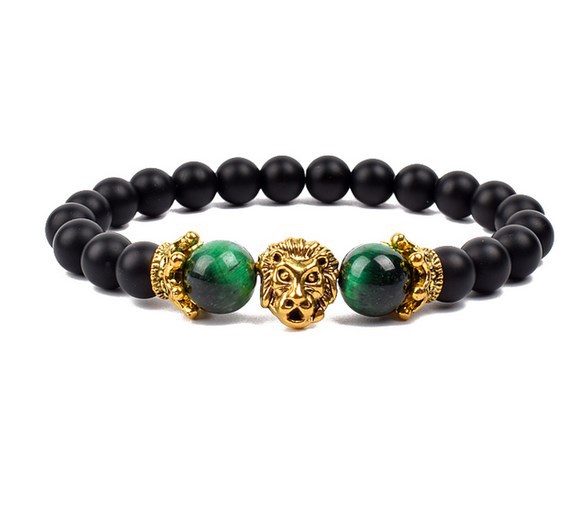 Antique Silver Lion-Head Agate Buddha Bead Bracelet