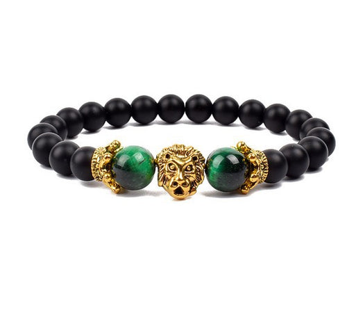 Antique Silver Lion-Head Agate Buddha Bead Bracelet