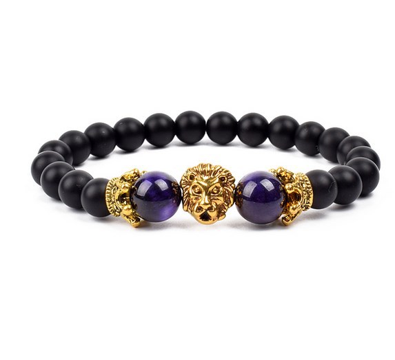 Antique Silver Lion-Head Agate Buddha Bead Bracelet