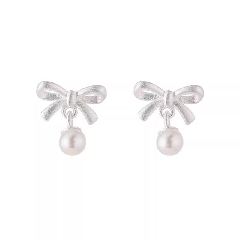 Bow-knot Faux Pearl Pendant Stud Earrings For Women