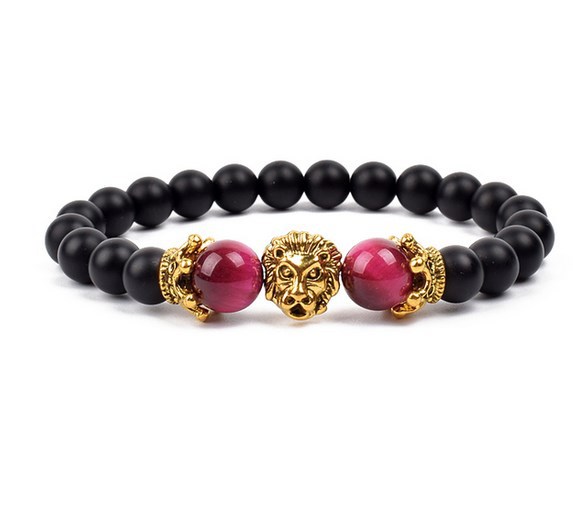 Antique Silver Lion-Head Agate Buddha Bead Bracelet