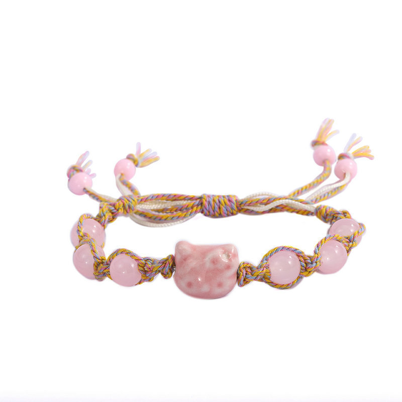 Ceramic Blue Cat Butterfly Colorful Woven Rope Bracelet