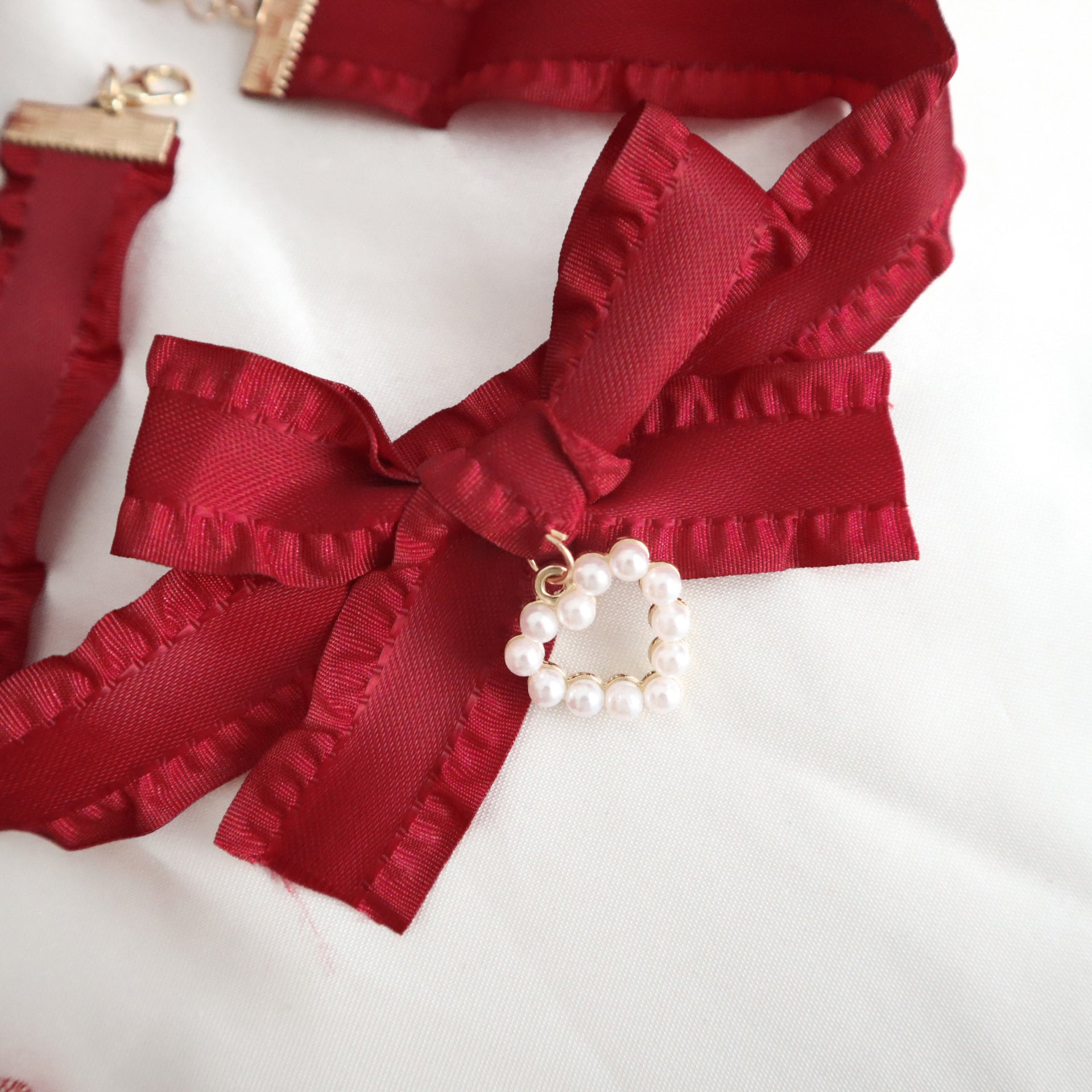 New Christmas Necklace With Burgundy Ribbon And Heart Design