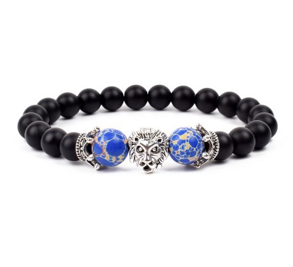 Antique Silver Lion-Head Agate Buddha Bead Bracelet