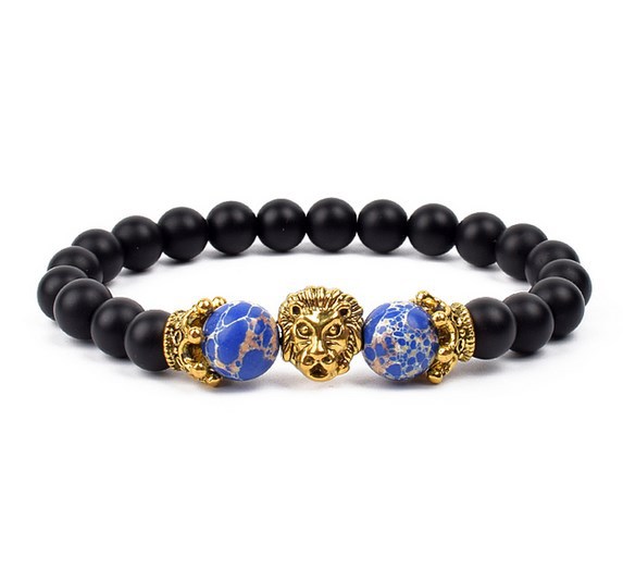 Antique Silver Lion-Head Agate Buddha Bead Bracelet