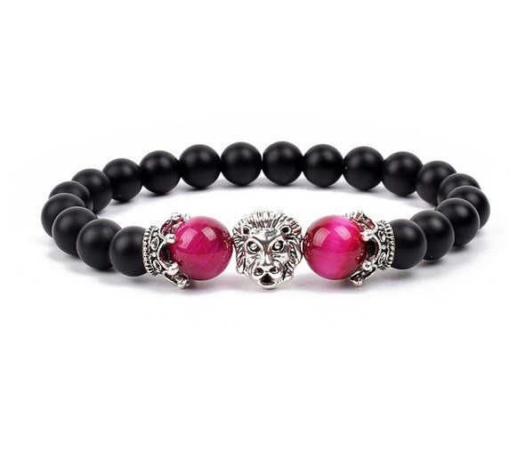 Antique Silver Lion-Head Agate Buddha Bead Bracelet