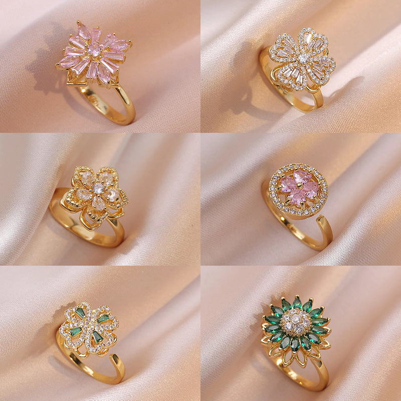 Micro-pave Flower Swivel Zircon Heart Ring