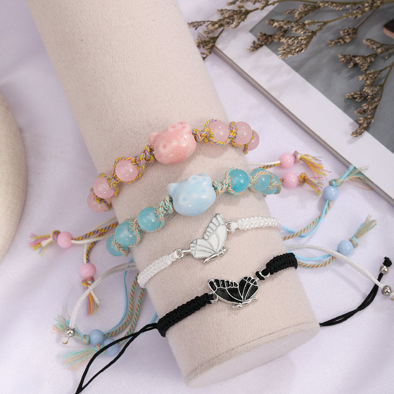 Ceramic Blue Cat Butterfly Colorful Woven Rope Bracelet